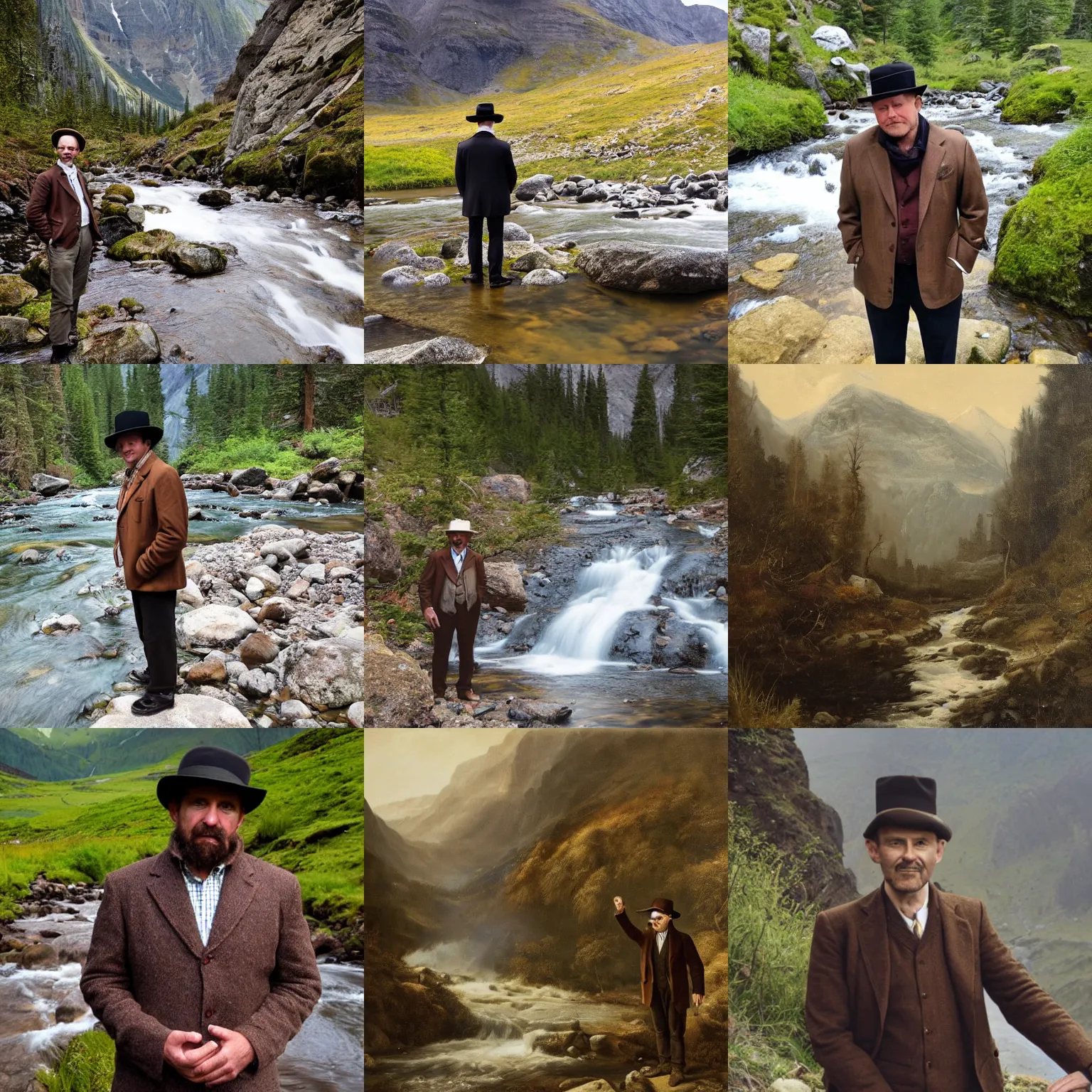 Prompt: a man in a brown jacket and bowler hat stands beside a mountain stream