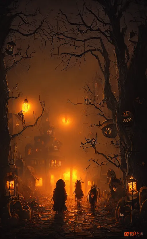 Image similar to a creepy and eery Halloween setting, with Jack o lanterns on the street and shadow figures lurking about, dynamic lighting, photorealistic fantasy concept art, stunning visuals, creative, cinematic, ultra detailed, trending on art station, spooky vibe