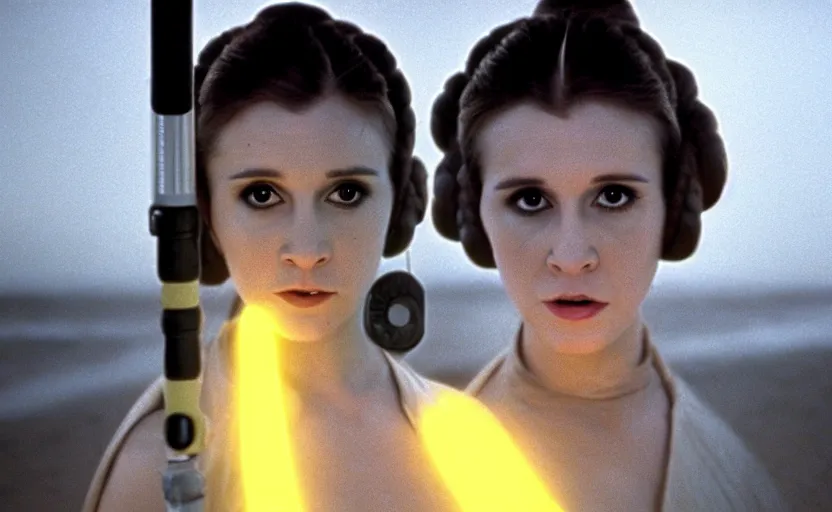 Image similar to glamour portrait of Princess Leia using yellow lightsaber on foggy beach, 1980s film directed by Stephen Speilberg, iconic scene, carrie fischer's photoreal face, stunning cinematography, hyper-detailed, sharp, anamorphic lenses, kodak color, 4k