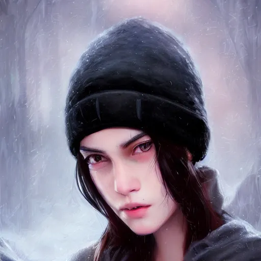 Image similar to a black haired girl wearing a beanie, digital art, 8 k resolution, unreal engine, highly detailed, pretty face, very beautiful face, very detailed eyes, photorealistic by wlop, greg rutkowski