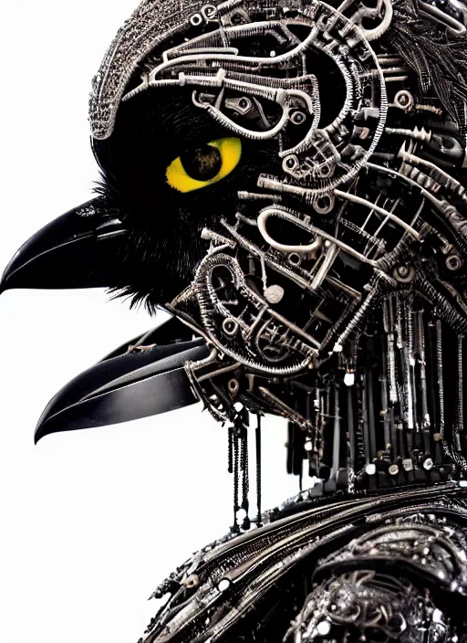 Image similar to a stunning young female crow mixed cyborg profile face, face is made intricate tribal bio - mechanical, editorial photography, bw, shot on 7 0 mm, depth of field, f / 2. 8, high contrast, 1 6 k, volumetric lighting, shiny, insanely detailed and intricate, hypermaximalist, elegant, ornate, hyper realistic, super detailed