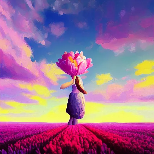 Prompt: tulip head, girl floating in a flower field, surreal photography, sunrise dramatic light, impressionist painting, colorful clouds, digital painting, artstation, simon stalenhag