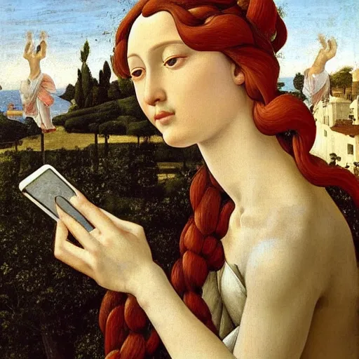 Prompt: early morning on the balcony. a tired young woman with messy hairstyle is texting on her smartphone. sunlight is beautifully lighting the face. depth of field, in the sun, backlit, closeup, oil on canvas, art by botticelli 1 4 9 9, in the style of the birth of venus, smooth, renaissance, florentine painting, 8 k