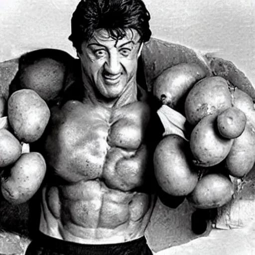 Prompt: stallone made of potatoes