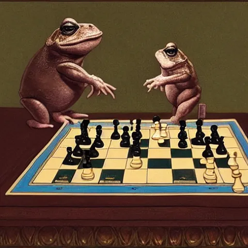 Image similar to studious toads playing chess by James Gurney.