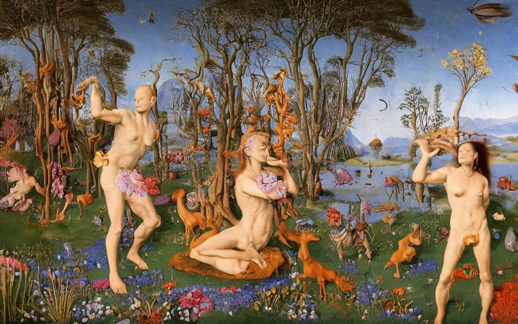 Image similar to photograph of a meditating centaur shaman and a mermaid feeding animals. surrounded by bulbous flowers, animals and a few trees. river delta with dry rocky mountains under a blue sky full of burning stars. painted by jan van eyck, max ernst, ernst haeckel, ernst fuchs and artgerm. trending on artstation, treding on cgsociety