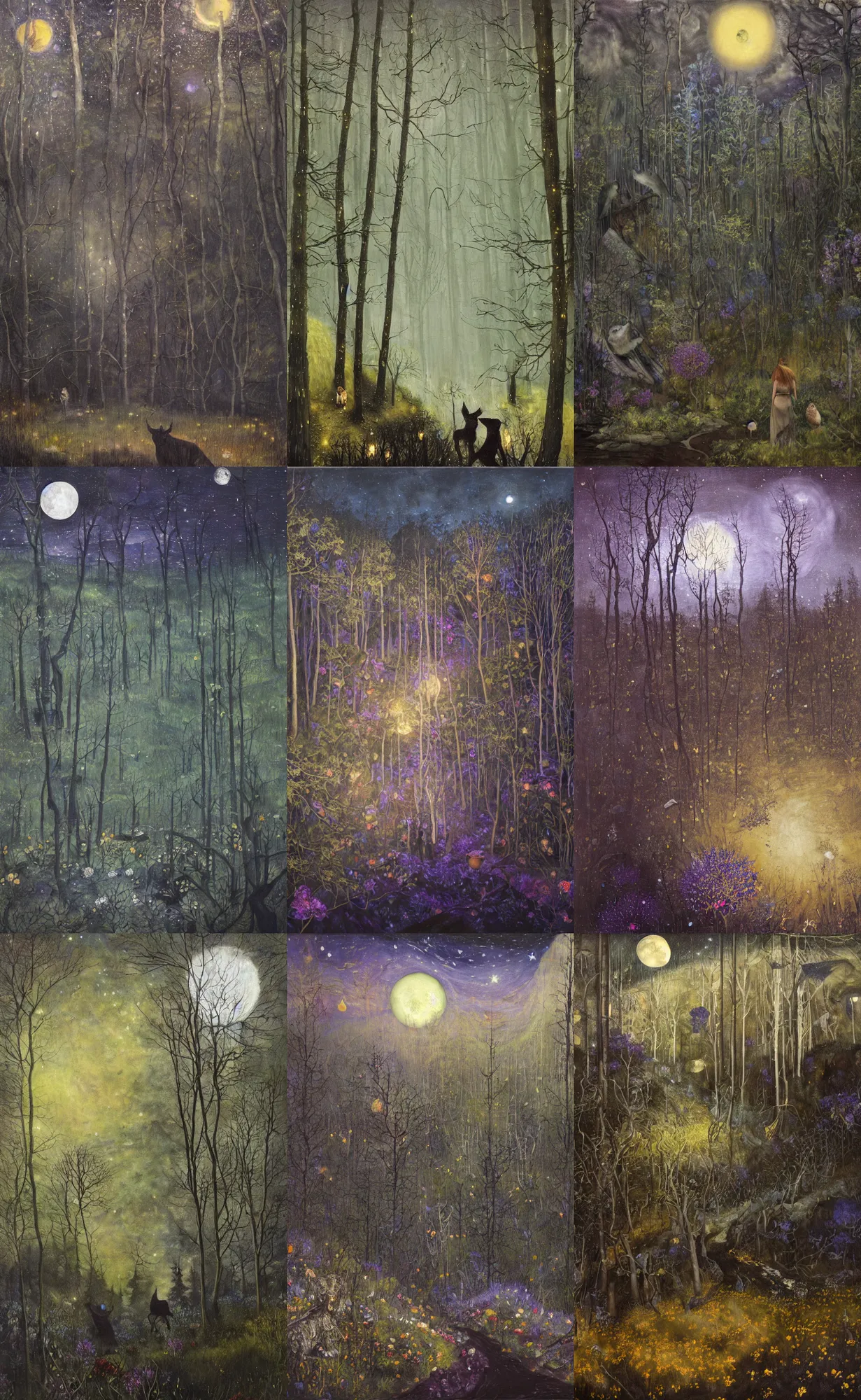 Prompt: painterly dreamy dark midnight hill in the forest with trees, flowers, birds, glowing owls, deers, barely seen women, lianas, thistles, fantasy creatures, a stream and sky with moon and stars by Mikhail Vrubel, Aron Wiesenfeld, dark fantasy, witcher, very detailed oil painting in the alla prima style, masterpiece, 8k