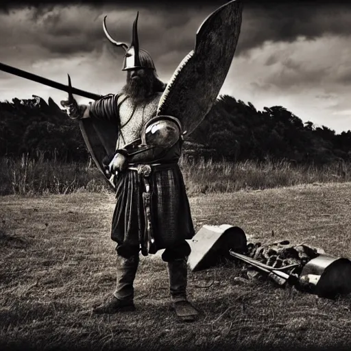 Image similar to viking in war armor working on the flying ancient device, tools and junk on the ground, old village in the distance, vintage old photo, black and white, sepia