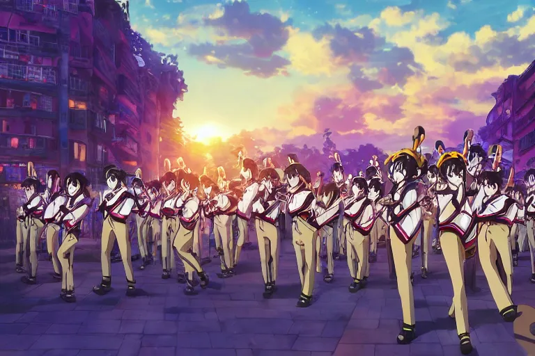 Prompt: anime key visual of a marching band in the middle of a fantasy city in the style of studio ghibli, moebius, makoto shinkai, dramatic volumetric lighting