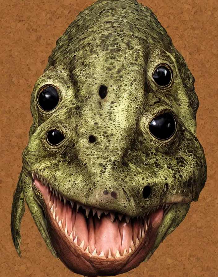 Image similar to high resolution photo portrait of muscular animal human merged head dolphin horse head, shark merging snake goat skin ears, background removed, scales skin frog rat, alligator cat merged bird head cow, chicken face morphed fish head, gills, horse head animal merge, morphing dog head, animal eyes, merging crocodile head, anthropomorphic creature