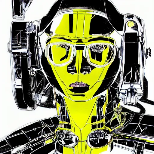 Prompt: portrait of the full-metal kerberos robot Sirius in electrical wired neon yellow-noir outfit, illustration by Yoji Shinkawa, Artgerm, Esao Andrews and Yoshitaka Amano