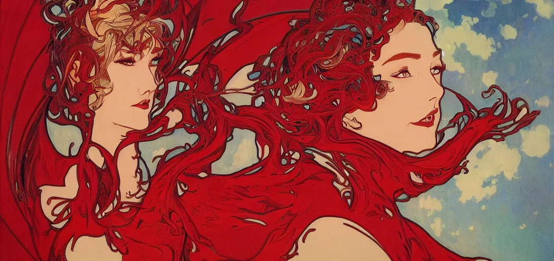 Image similar to portrait anthropomorphic dragon wearing red clothes the graphic style of Patrick Gleason, alphonse mucha detailed art, trending on Artstation, sharp focus, comic art