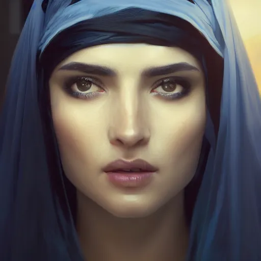 Image similar to a hyperrealistic render of an arab ameera al taweel, blue eyes, black hair, white veil,by WLOP,Artgerm,Greg Rutkowski,Alphonse Mucha, Beautiful dynamic dramatic dark moody lighting,shadows,cinematic atmosphere,Artstation,concept design art,Octane render,8K