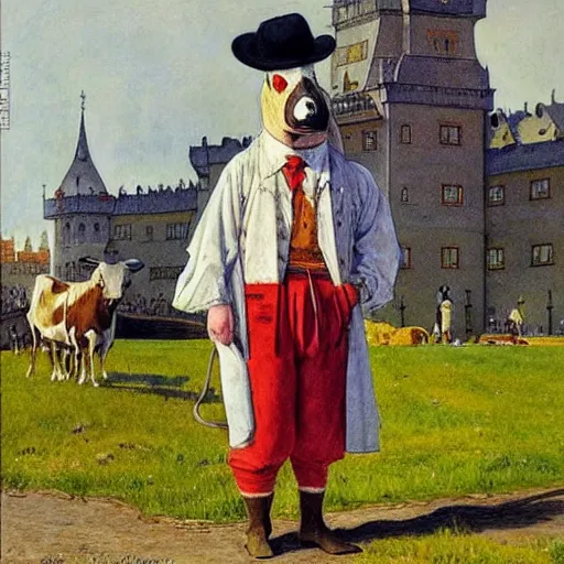 Image similar to painting carl larsson, cow, dressed, anthropomorphic!!, wearing!!! clothes!!!, standing next to royal castle!!!