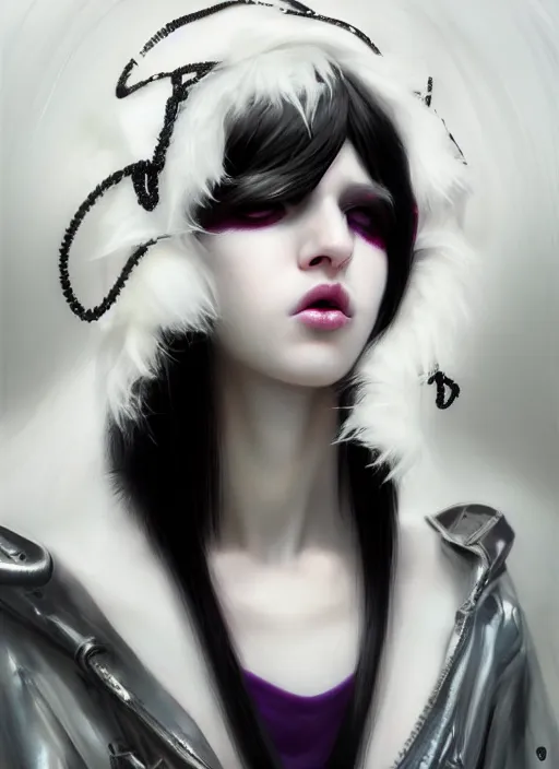 Prompt: whitebangs, black hair, black cyberlox, portrait of white teenage girl, normal face, white bangs, fluffy bangs, cyberlox, whitebangs, red contact lenses, purple background, intricate, elegant, highly detailed, digital painting, artstation, concept art, sharp focus, smooth, illustration, art by wlop, mars ravelo and greg rutkowski