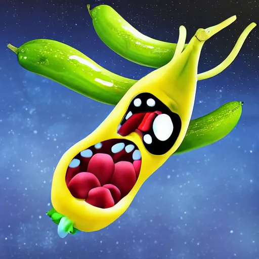 Image similar to Cartoon art of a hungry banana eyes and mouth eating a pickle on remote planet, digital art, realistic,