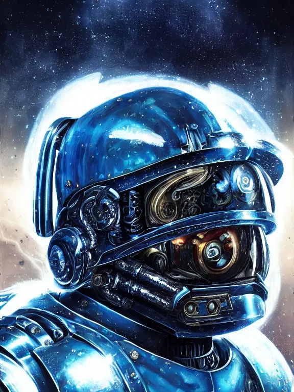 Prompt: portrait art of 8k ultra realistic retro futuristic blue space marine , galaxy reflected in helmet , detailed intricate ornate armour,corrupted, cybernetic, full of colour, cinematic lighting, battered, trending on artstation, 4k, hyperrealistic, focused, extreme details,unreal engine 5, cinematic, masterpiece, art by ayami kojima, giger