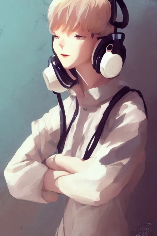 Image similar to a cute young woman listening to music with her eyes closed and wearing headphones in the style of Ilya Kuvshinov and Range Murata, white bob cut hair, freckles, dark thunderclouds in the backround, poster, oil on canvas by Krenz Cushart, 8k