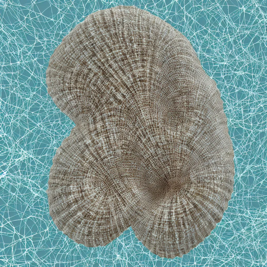 Image similar to geometric single sea shell by ernst haeckel, modeled in 3 d, closeup, cinema 4 d render, beach sad background, clear focus, very coherent, very detailed