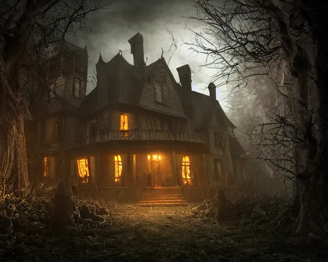 Prompt: the scariest witches house in the scariest dark forest, epic scene, dark, scary, horror, frightening, fantasy, cinematic, redshift render, cgi, hyper - detailed, photo - bash, 8 k post - production, masterpiece
