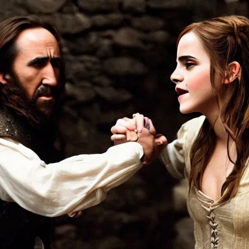 Image similar to photography emma watson fight with nicholas cage in a medieval wine cellar cinematic