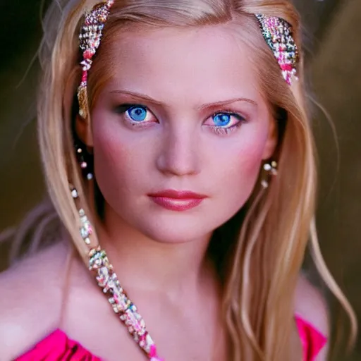 Prompt: close up headshot of a princess with long blonde hair and blue eyes wearing a strapless elaborately beaded pink dress, high resolution film still, 8k, HDR color, film by Simon Langton and David Frankel, triangular face