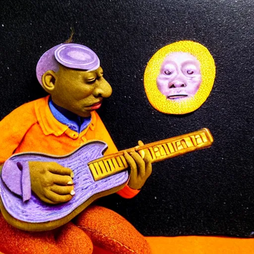 Image similar to a old black man playing guitar, surrealistic detailed claymation art, little candles, foggy