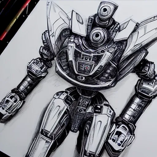 Image similar to an intricate ballpoint drawing of a giant anime robot