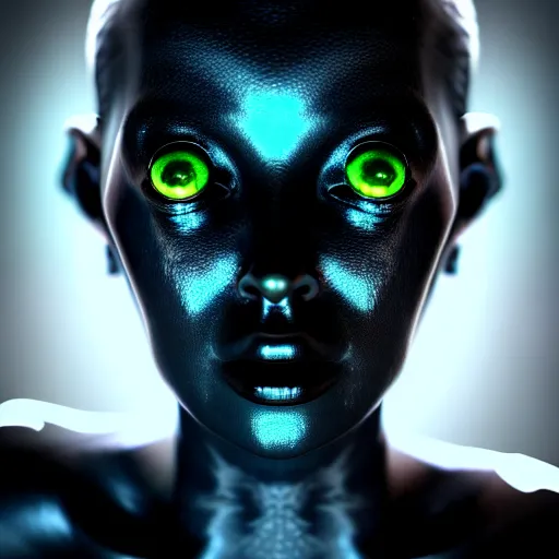 Image similar to a beautiful feminine alien with thick black sludge seeping from her eyes, screaming while being consumed by darkness, iridescent eyes, dreamlike, intricate detail, 3d render, octane render, sigma 85mm f/1.4, 4k, hd