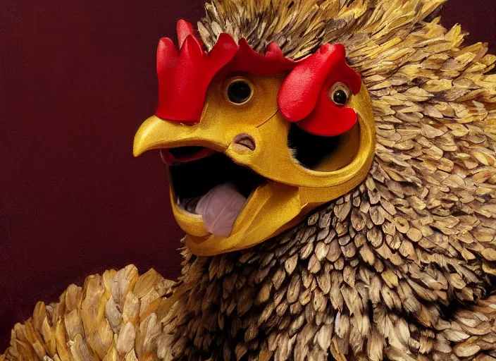 Prompt: closeup portrait of the hen emperor of japan dressed as a chicken with a scary smile, sitting on his throne, highly detailed painting by craig mullins, 4 k resolution, trending on artstation, 8 k, man dressed as a chicken