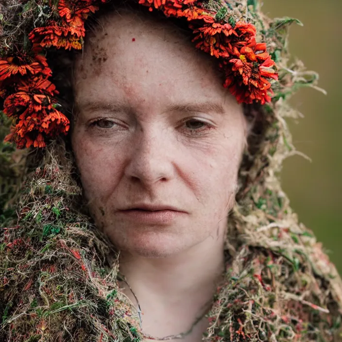 Image similar to a closeup portrait of a woman wearing a hooded cloak made of zinnias and barbed wire, in a derelict house, by Corbin Gurkin, natural light, detailed face, CANON Eos C300, ƒ1.8, 35mm, 8K, medium-format print