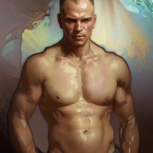 Prompt: painted portrait of haganai by greg rutkowski craig mullins artgerm alphonse mucha, caustics, soft gentle face, buzz cut, handsome muscular upper body, mature warm tone, large brown pants, radiant light, lush background fantasy, intricate elegant detailed digital painting concept art artstation sharp focus illustration