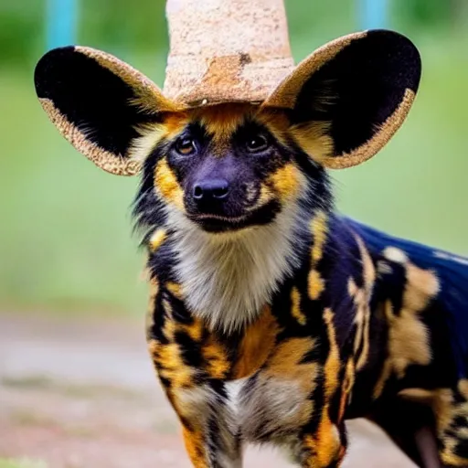 Image similar to A photo of the world's greatest sheriff: an african painted dog dressed in a hat!