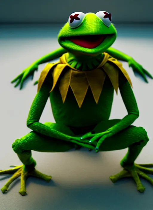 Prompt: kermit the frog in t - 4 5 power armor, fallour 4 ps 5 screen shot, octane render, cinematic lighting, sharp detail, 5 k