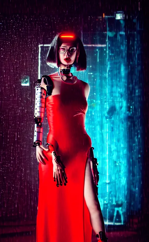 Image similar to woman, android, cyberpunk, artificial limbs, circuit, wires, mechanisms, tattoos, neon light, hard light, glamour, vogue photoshoot, fashion, long dress, red dress, raindrops, rain, wet, make - up, leaky make - up, red lipstick