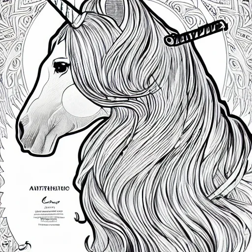 Image similar to clean simple line art of a cute beautiful unicorn. no background. well composed, clean coloring book page. coloring book line art by artgerm and greg rutkowski and alphonse mucha