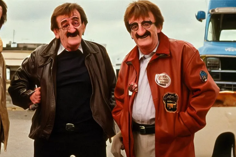 Image similar to Barry Chuckle and Bernard Manning in a buddy cop adventure directed by Wim Wenders, cinematography by Robby Müller