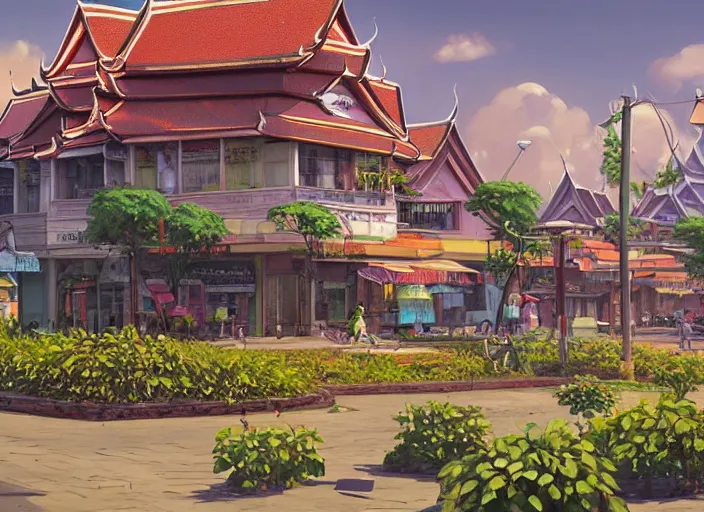 Image similar to bangkok townsquare, deserted, summer morning, very coherent and colorful high contrast, art by gediminas pranckevicius, geof darrow, makoto shinkai, dark shadows, hard lighting