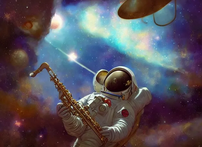 Prompt: craig mullins and ghibli digital illustration of an astronaut floating in the middle of the cosmos playing the saxophone!!! doing jazz!!! improvisation, full body!!!, strong contrast, earth, galaxies, ethereal, inviting, bright, unreal engine, hyper realism, realistic shading, cinematic composition, wide shot