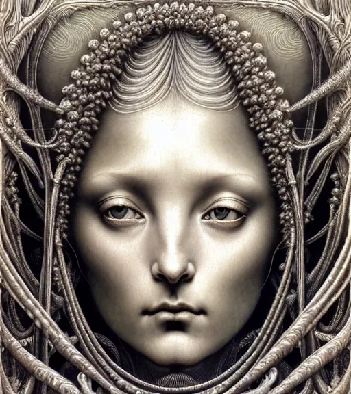 Image similar to detailed realistic beautiful silver goddess face portrait by jean delville, gustave dore, iris van herpen and marco mazzoni, art forms of nature by ernst haeckel, art nouveau, symbolist, visionary, gothic, neo - gothic, pre - raphaelite, fractal lace, intricate alien botanicals, biodiversity, surreality, hyperdetailed ultrasharp octane render