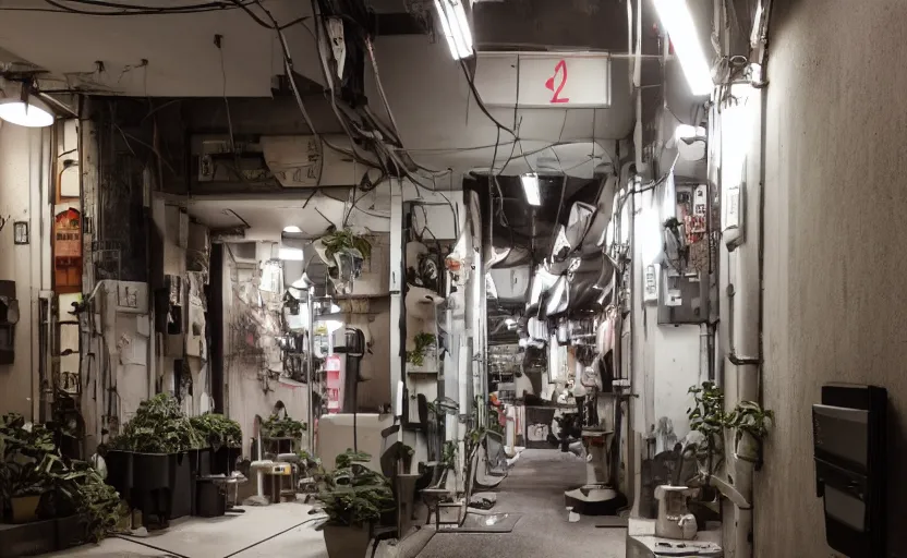 Image similar to akihabara bedroom interior, concrete, punk, bed, neon japanese lights, modernism, white, beige, black, minimalism, industrial, pipes, rust, little windows, plants, retro futurism, cyberpunk