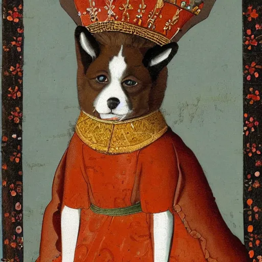 Image similar to female red akita inu dog dressed as a queen in an ornate dress with orange slices pattern, medieval painting