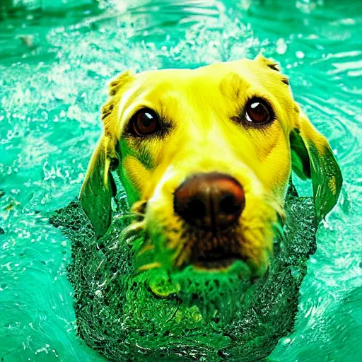 Prompt: dog swimming in green acid, 4k animal photography award-winning