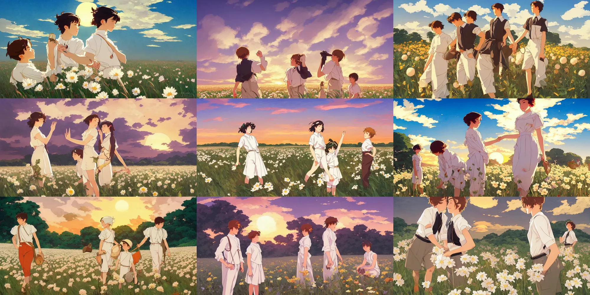 Prompt: sunset, white flower field, cute boys, in the style of studio ghibli, j. c. leyendecker, greg rutkowski, artgerm