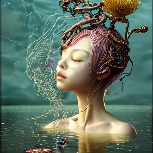 Image similar to prompt: Fragile looking vessel portrait face drawn by Katsuhiro Otomo, beautiful girl in lake with shining face octane 3d render super detailed, nymph in the water performing alchemy, small flowers and cables and wire around and on the side with artifacts and ancient book, intricate oil painting, high detail, Neo-expressionism, gnarly details