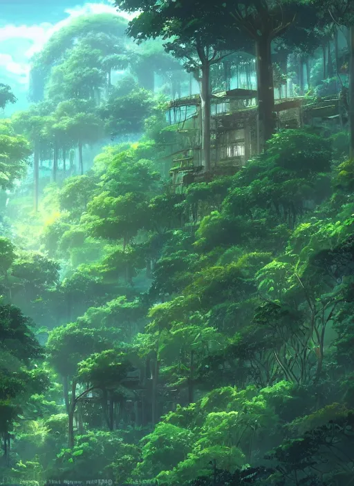 Image similar to a lost city deep in the jungle, overgrown with vines and trees by makoto shinkai, anime, stylistic