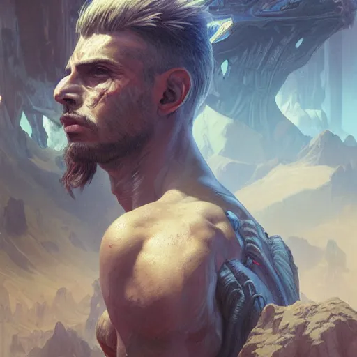 Image similar to portrait painting of a futuristic rugged male rebel, alien world, colonisation, model pose, ultra realistic, concept art, intricate details, eerie, highly detailed, photorealistic, octane render, 8 k, unreal engine. art by artgerm and greg rutkowski and alphonse mucha