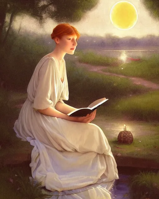 Prompt: a girl in white nightgown reading a book by the river, a full moon on the horizon, dark starry sky, golden orbs and fireflies, illustration, dramatic lighting, painting oil on canvas, art nouveau, 8 k, by edmund blair leighton, brom, charlie bowater, trending on artstation, faces by tom bagshaw, sargent