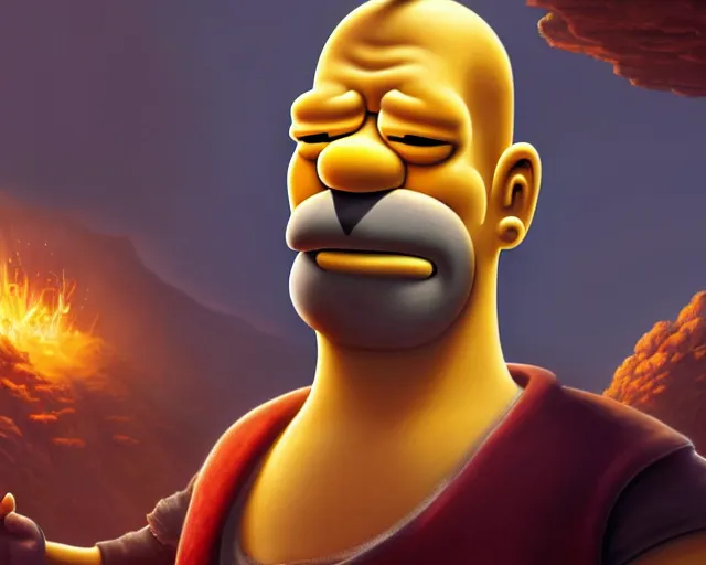 Image similar to a epic cinematic gaming screenshot portrait of homer simpson as main character from uncharted, deep focus, adventure, fantasy, intricate, elegant, highly detailed, digital painting, artstation, concept art, matte, sharp focus, illustration, fantasy style art, art by artgerm and greg rutkowski, matt groening and alphonse mucha