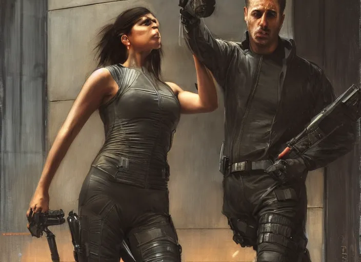 Image similar to Maria evades sgt Nash. Cyberpunk hacker in jumpsuit escaping menacing police troopers (blade runner 2049). beautiful face. roundhouse kick. Iranian orientalist portrait by john william waterhouse and Edwin Longsden Long and Theodore Ralli and Nasreddine Dinet, oil on canvas. Cinematic, hyper realism, realistic proportions, dramatic lighting, high detail 4k